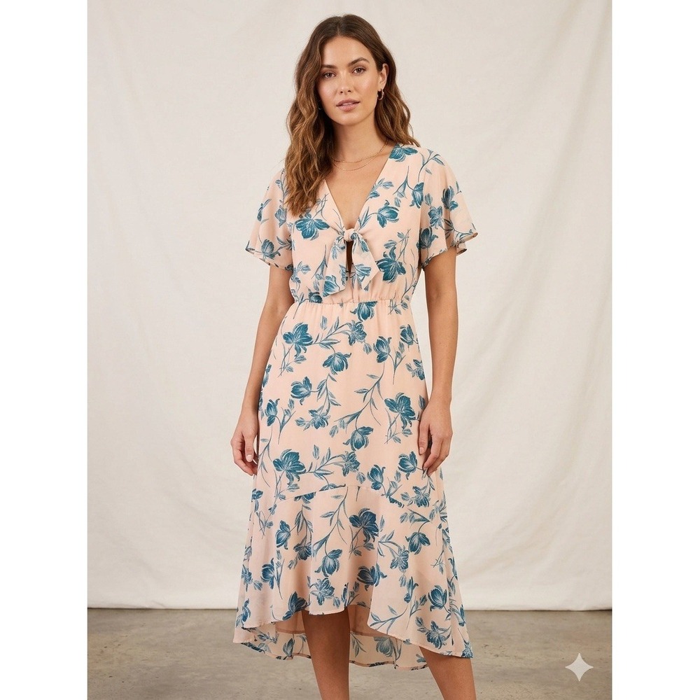 Classy Women's Floral Print Tie-Front High-Low Midi Dress - Blush & Blue Small